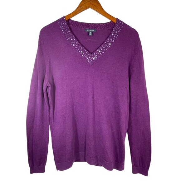 Lands’ End Cotton Cashmere Purple V-Neck Sweater Sequin Trim Size M - Picture 2 of 9